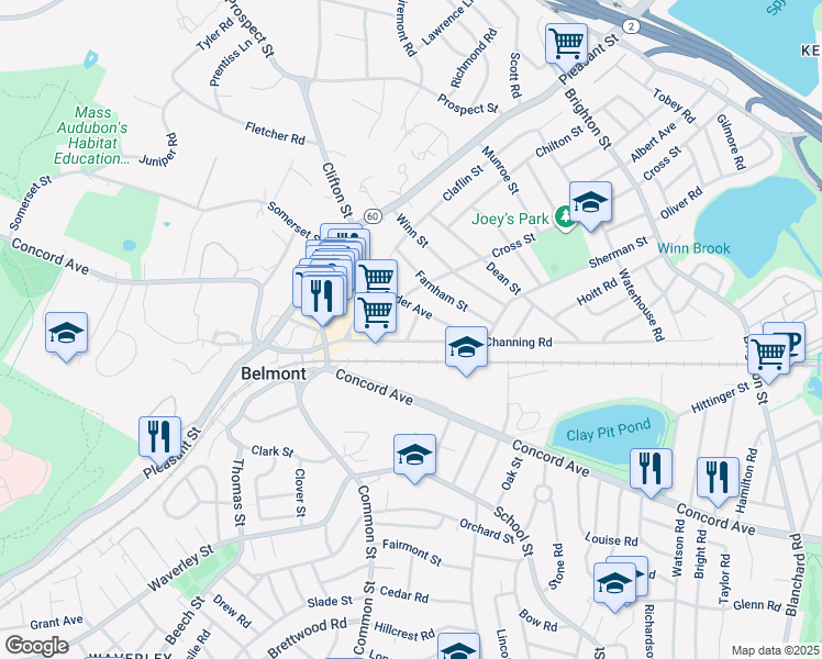 map of restaurants, bars, coffee shops, grocery stores, and more near 86 Alexander Avenue in Belmont