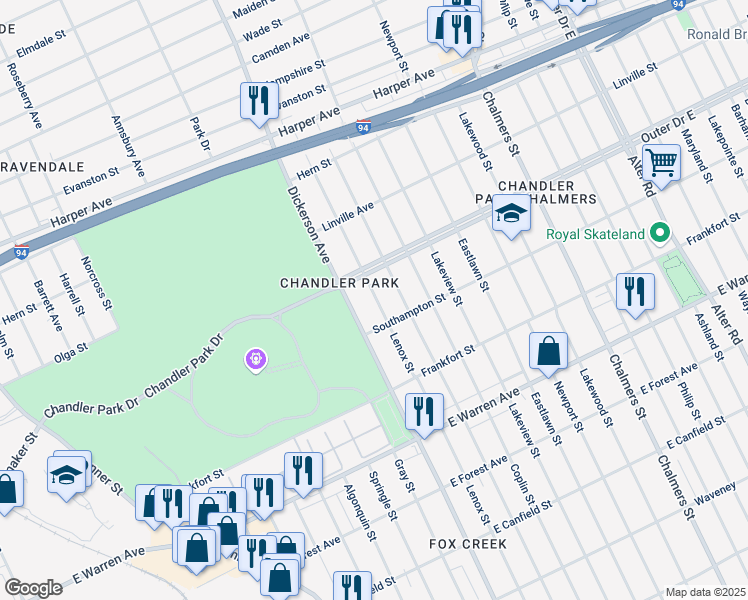 map of restaurants, bars, coffee shops, grocery stores, and more near 13030 Chandler Park Drive in Detroit