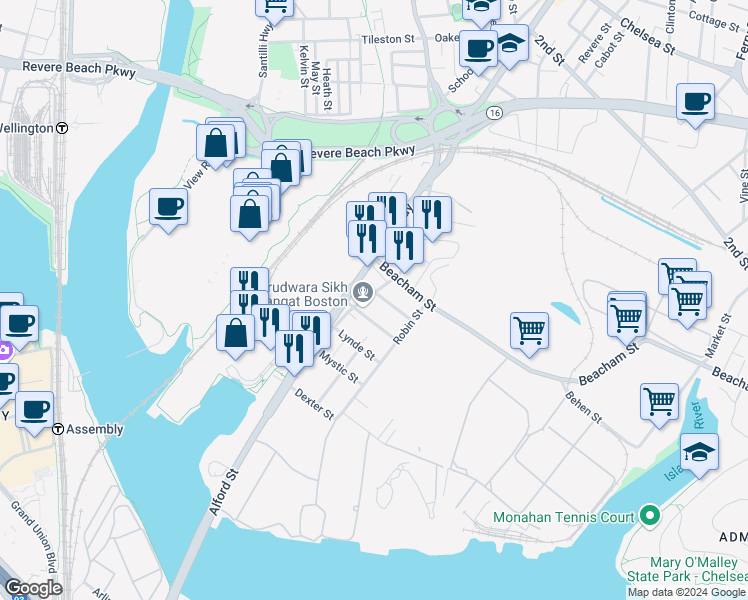 map of restaurants, bars, coffee shops, grocery stores, and more near 107 Broadway in Everett