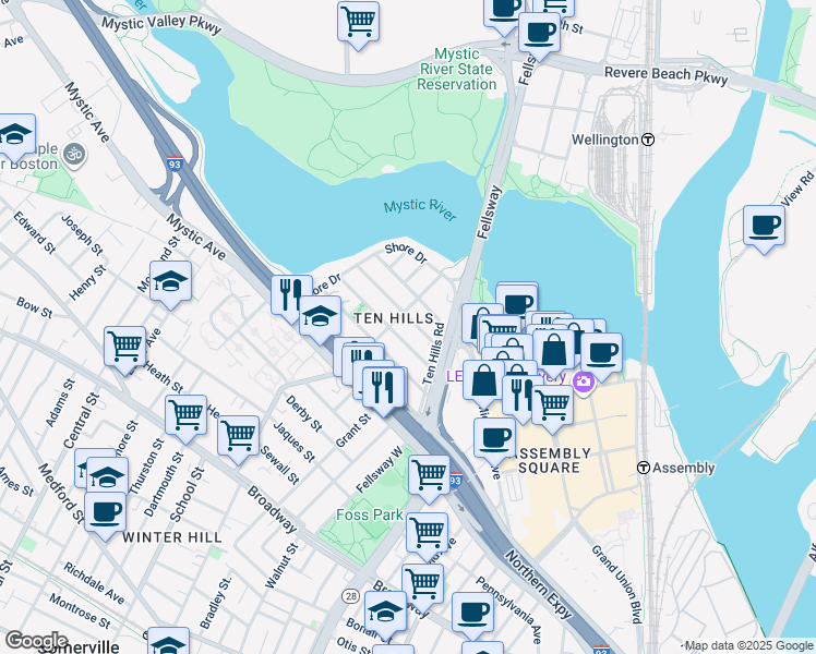map of restaurants, bars, coffee shops, grocery stores, and more near in Somerville