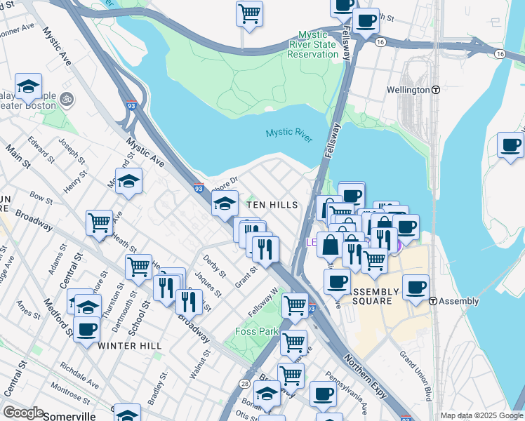 map of restaurants, bars, coffee shops, grocery stores, and more near 75 Puritan Road in Somerville
