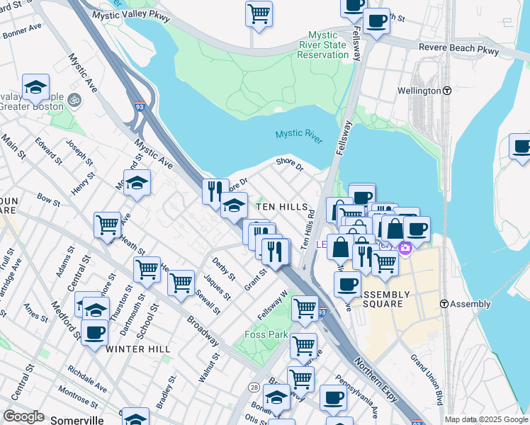 map of restaurants, bars, coffee shops, grocery stores, and more near 75 Puritan Road in Somerville