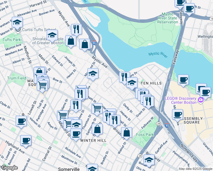 map of restaurants, bars, coffee shops, grocery stores, and more near 25 Conners Drive in Somerville