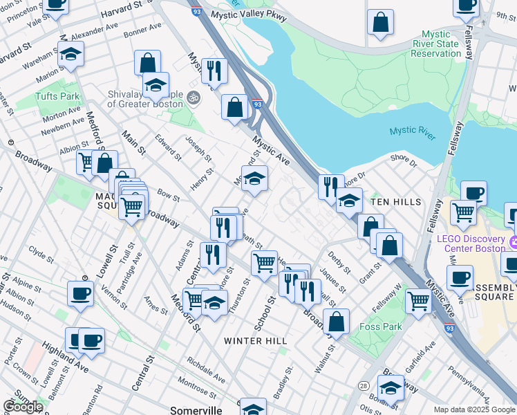map of restaurants, bars, coffee shops, grocery stores, and more near 5 Meacham Street in Somerville
