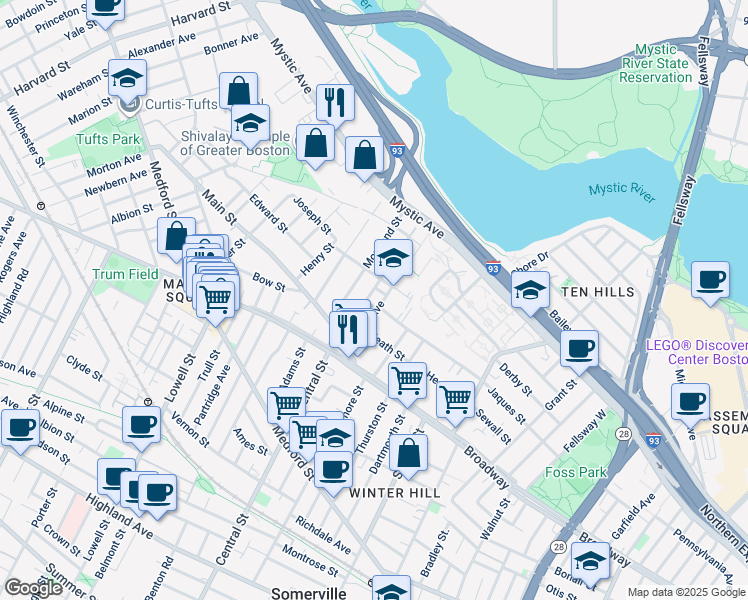 map of restaurants, bars, coffee shops, grocery stores, and more near 53 Moreland Street in Somerville