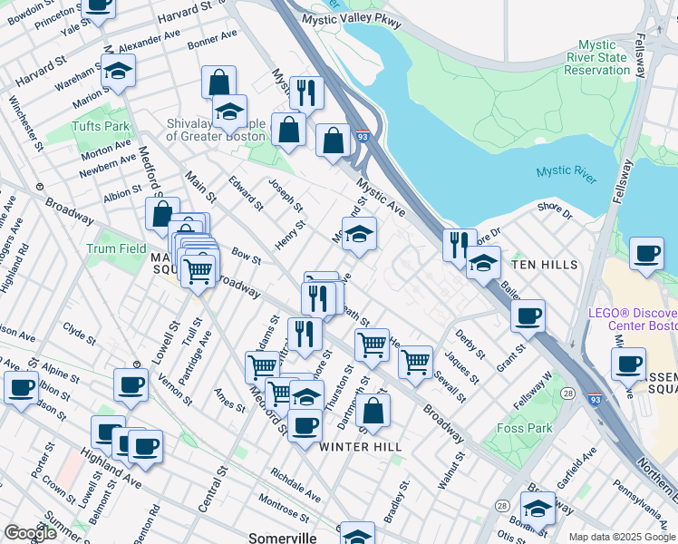 map of restaurants, bars, coffee shops, grocery stores, and more near 53 Moreland Street in Somerville