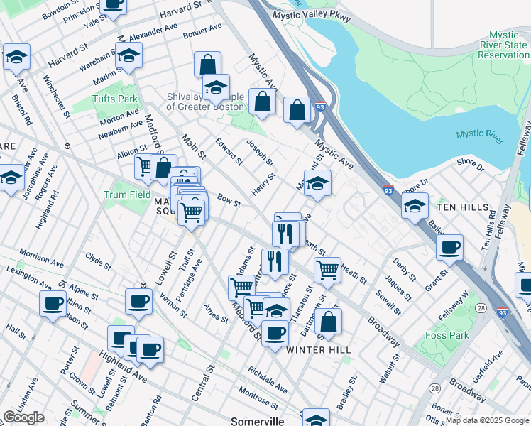 map of restaurants, bars, coffee shops, grocery stores, and more near 25 Fremont Street in Somerville