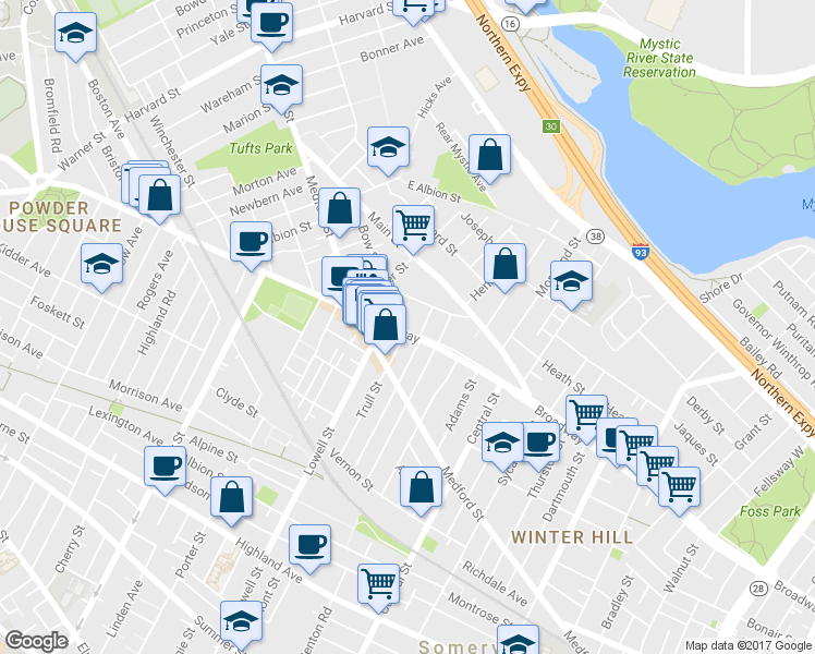 map of restaurants, bars, coffee shops, grocery stores, and more near 483 Broadway in Medford