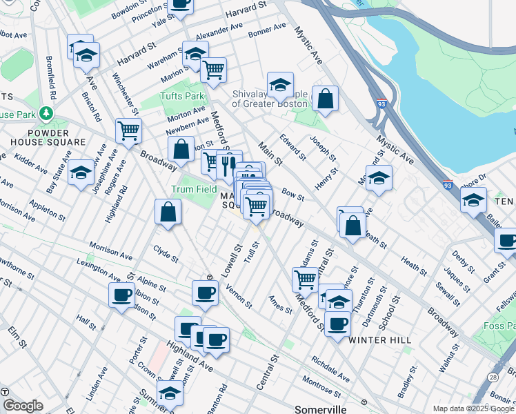 map of restaurants, bars, coffee shops, grocery stores, and more near 483 Broadway in Medford