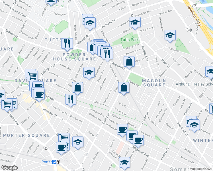 map of restaurants, bars, coffee shops, grocery stores, and more near 90 Highland Road in Somerville