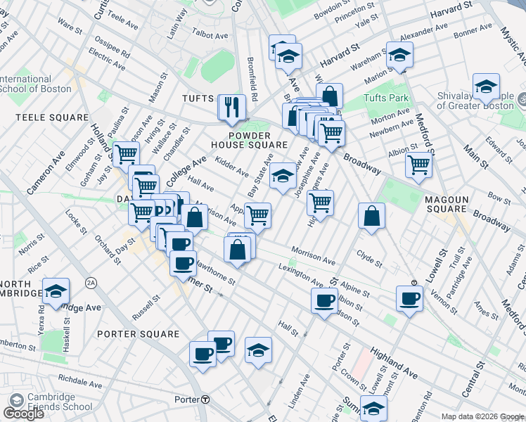 map of restaurants, bars, coffee shops, grocery stores, and more near 200 Willow Avenue in Somerville