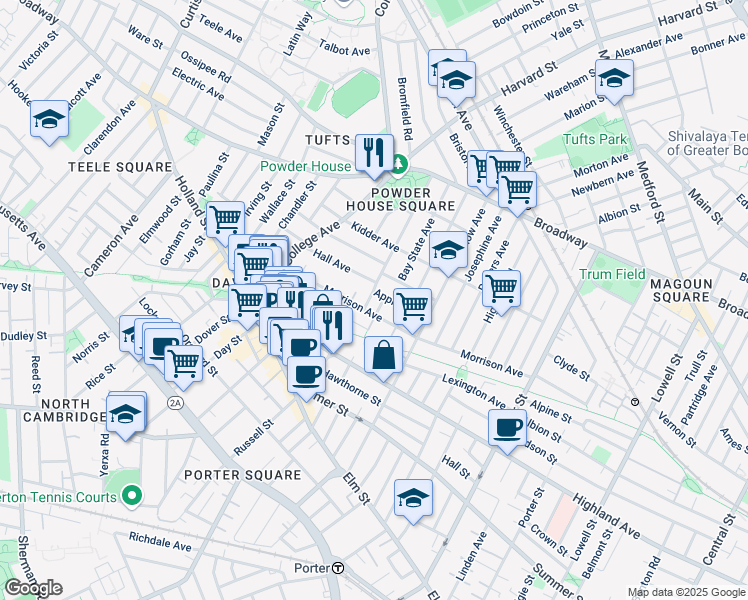 map of restaurants, bars, coffee shops, grocery stores, and more near 63 Hall Avenue in Somerville