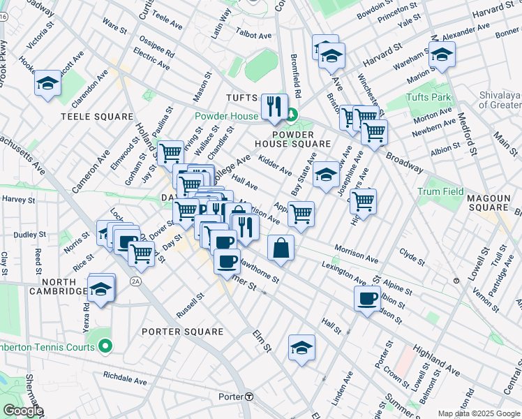map of restaurants, bars, coffee shops, grocery stores, and more near 63 Hall Avenue in Somerville