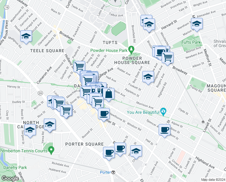 map of restaurants, bars, coffee shops, grocery stores, and more near in Somerville