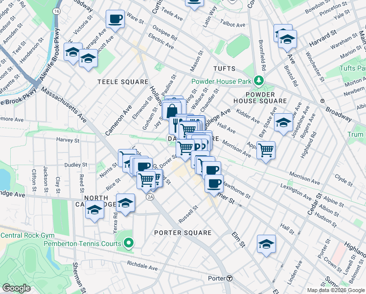 map of restaurants, bars, coffee shops, grocery stores, and more near in Somerville