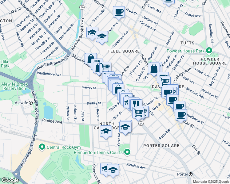 map of restaurants, bars, coffee shops, grocery stores, and more near 7 Cameron Avenue in Cambridge