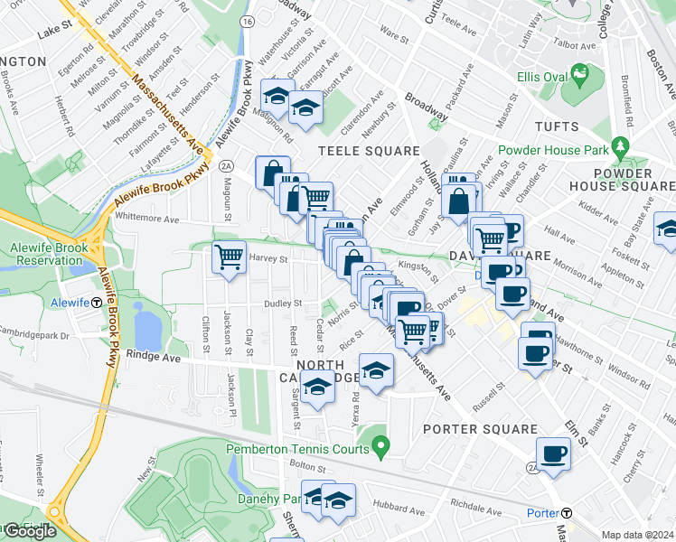map of restaurants, bars, coffee shops, grocery stores, and more near 7 Cameron Avenue in Cambridge