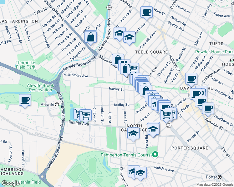 map of restaurants, bars, coffee shops, grocery stores, and more near 85 Harvey Street in Cambridge
