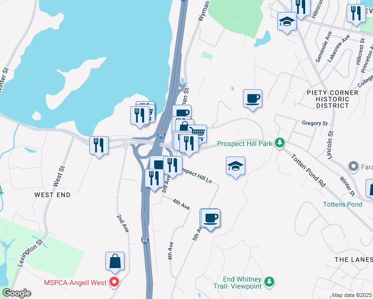 map of restaurants, bars, coffee shops, grocery stores, and more near 392 Winter Street in Waltham