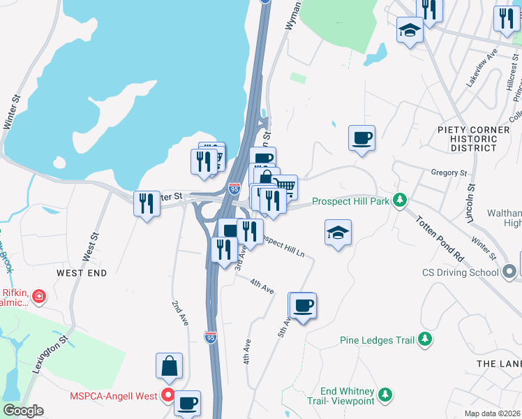 map of restaurants, bars, coffee shops, grocery stores, and more near 392 Winter Street in Waltham