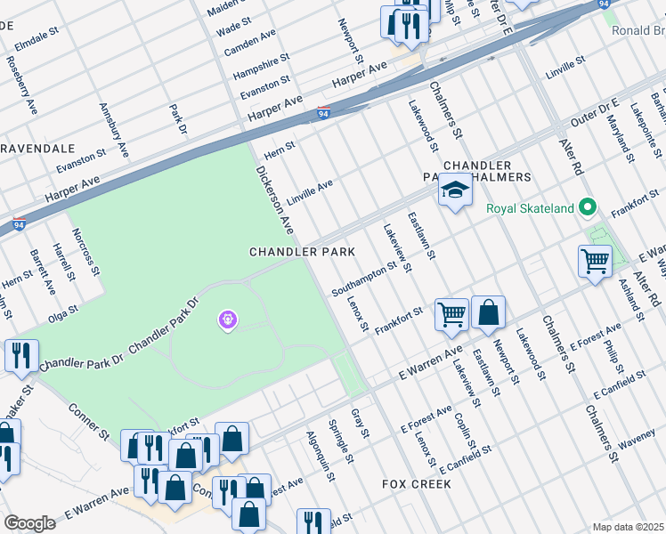 map of restaurants, bars, coffee shops, grocery stores, and more near 13030 Chandler Park Drive in Detroit