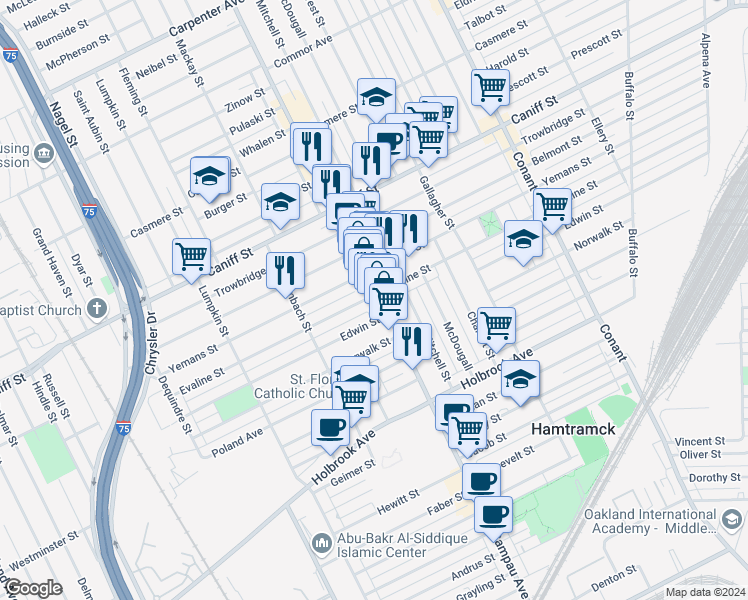 map of restaurants, bars, coffee shops, grocery stores, and more near 9840 Joseph Campau Avenue in Hamtramck