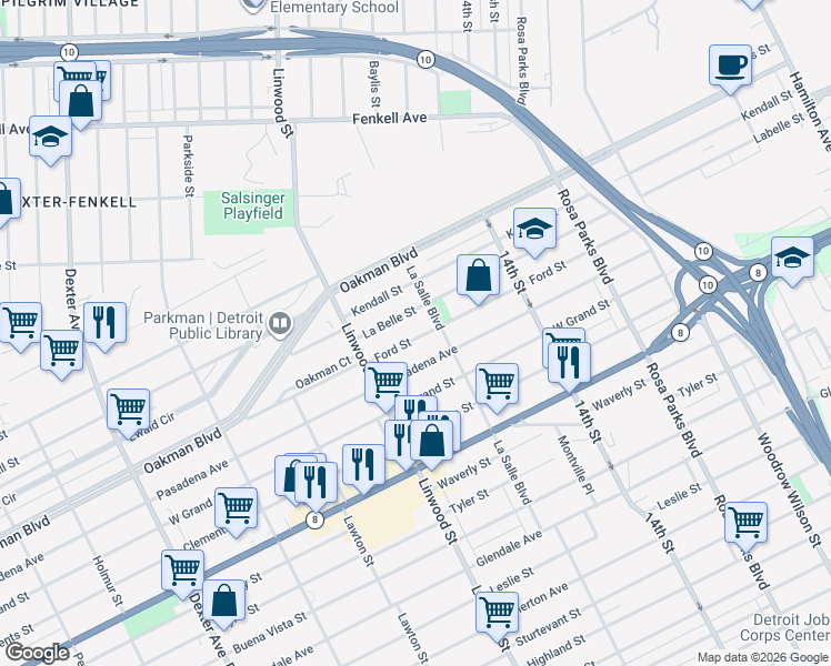 map of restaurants, bars, coffee shops, grocery stores, and more near 2448 La Belle Street in Detroit