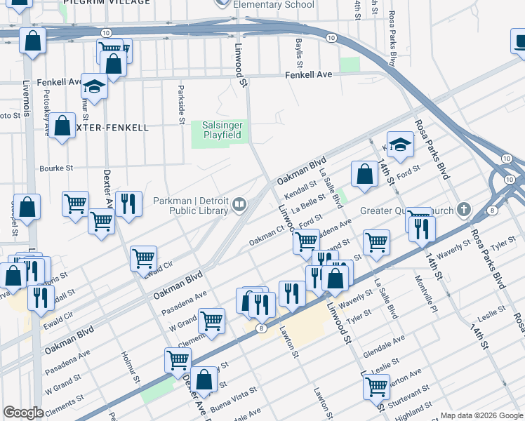 map of restaurants, bars, coffee shops, grocery stores, and more near 1665 Oakman Boulevard in Detroit