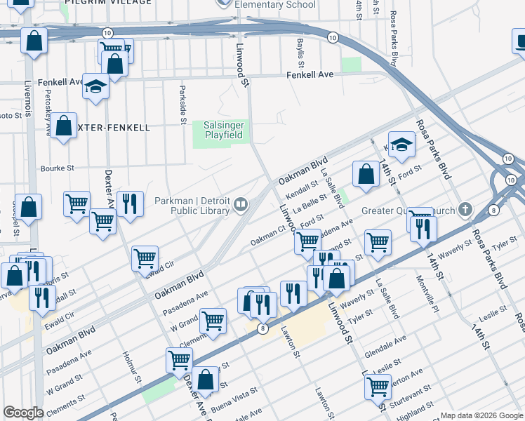 map of restaurants, bars, coffee shops, grocery stores, and more near 1665 Oakman Boulevard in Detroit