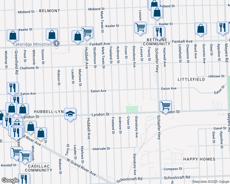 map of restaurants, bars, coffee shops, grocery stores, and more near 14827 Freeland Street in Detroit