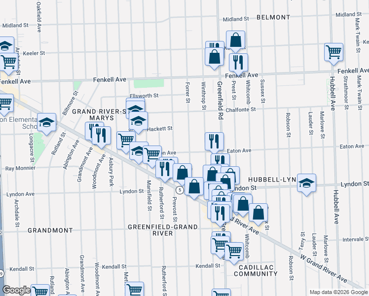map of restaurants, bars, coffee shops, grocery stores, and more near 14855 Forrer Street in Detroit
