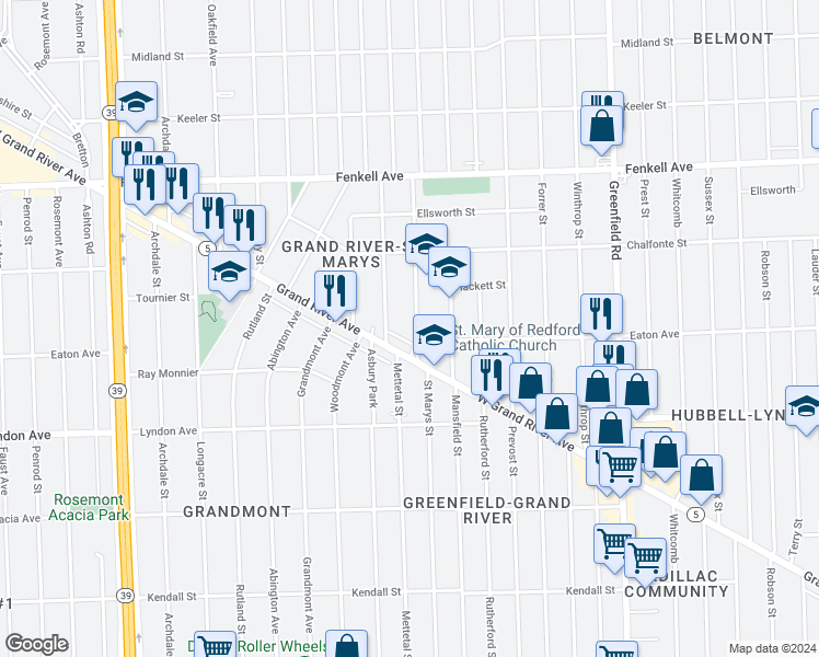 map of restaurants, bars, coffee shops, grocery stores, and more near 14805 Saint Marys Street in Detroit