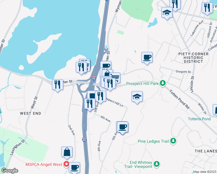 map of restaurants, bars, coffee shops, grocery stores, and more near 480 Totten Pond Road in Waltham