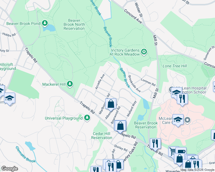 map of restaurants, bars, coffee shops, grocery stores, and more near 12 Royal Street in Waltham