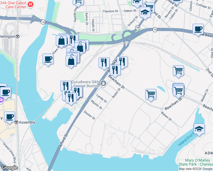 map of restaurants, bars, coffee shops, grocery stores, and more near 85 Bow Street in Everett