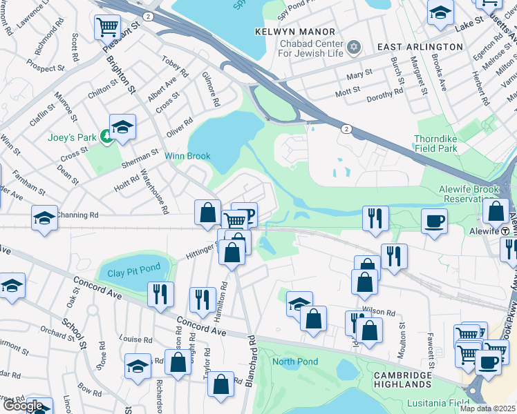 map of restaurants, bars, coffee shops, grocery stores, and more near 49 Hill Road in Belmont