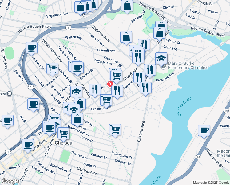 map of restaurants, bars, coffee shops, grocery stores, and more near 30 Eleanor Street in Chelsea