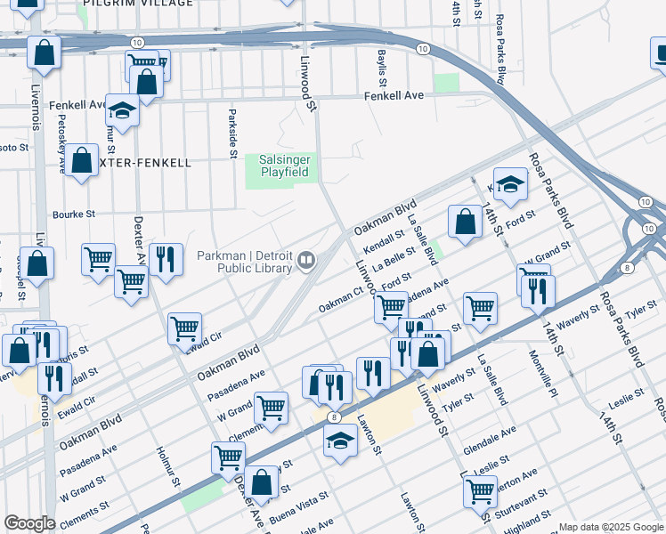 map of restaurants, bars, coffee shops, grocery stores, and more near 1665 Oakman Boulevard in Detroit