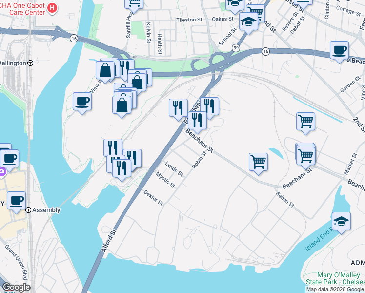 map of restaurants, bars, coffee shops, grocery stores, and more near 107 Broadway in Everett