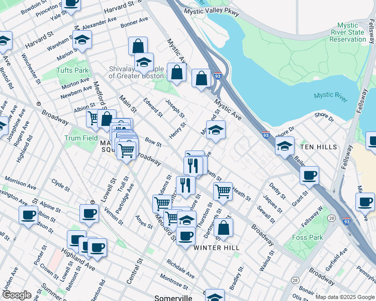 map of restaurants, bars, coffee shops, grocery stores, and more near 25 Fremont Street in Somerville