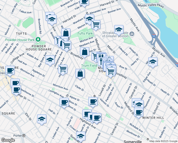 map of restaurants, bars, coffee shops, grocery stores, and more near 1 Franey Road in Somerville