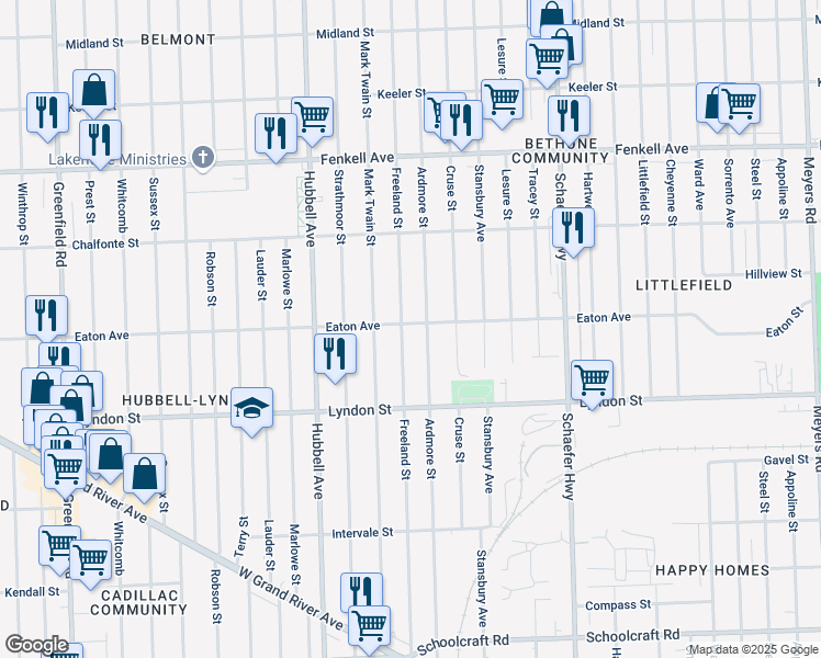 map of restaurants, bars, coffee shops, grocery stores, and more near 14827 Freeland Street in Detroit