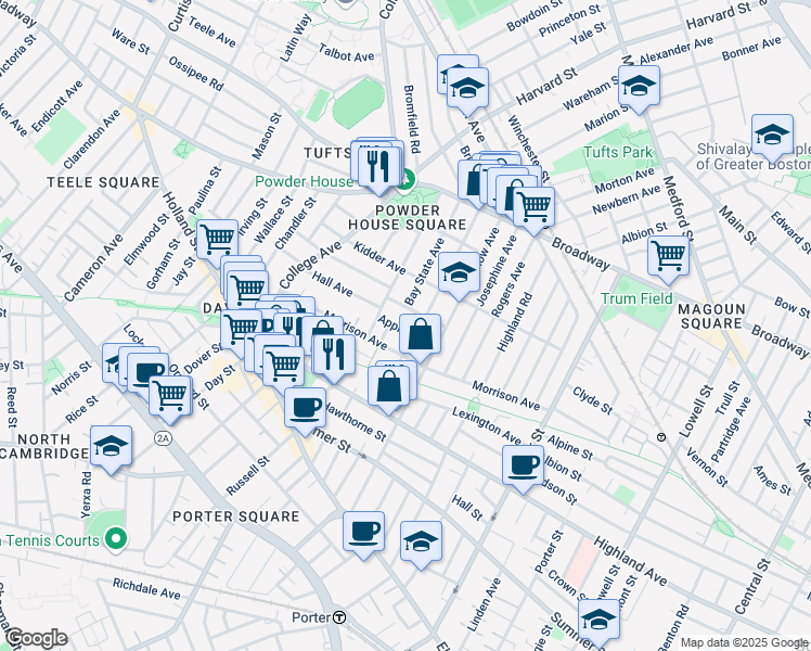 map of restaurants, bars, coffee shops, grocery stores, and more near 91 Bay State Avenue in Somerville