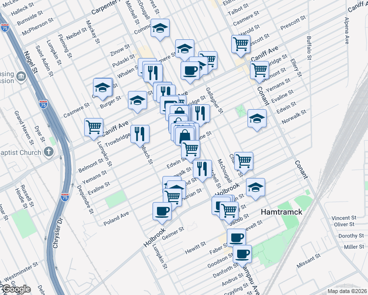 map of restaurants, bars, coffee shops, grocery stores, and more near 9840 Joseph Campau Avenue in Hamtramck