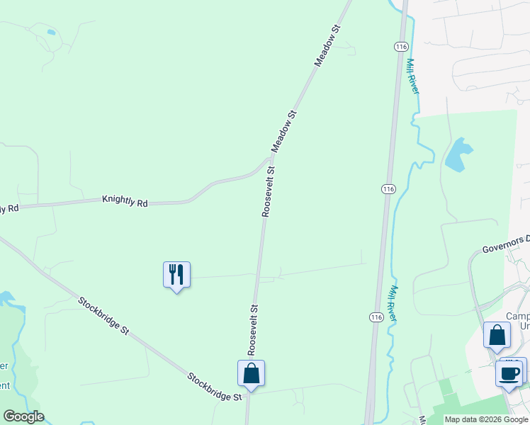 map of restaurants, bars, coffee shops, grocery stores, and more near 2-20 Roosevelt Street in Hadley