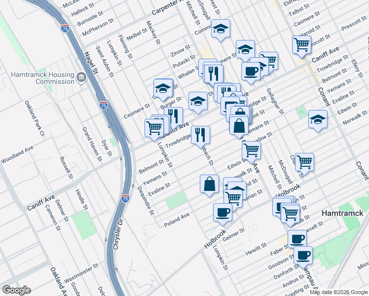 map of restaurants, bars, coffee shops, grocery stores, and more near 2151 Trowbridge Street in Hamtramck