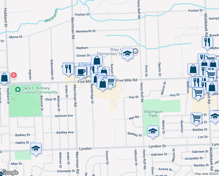 map of restaurants, bars, coffee shops, grocery stores, and more near 30935 Five Mile Road in Livonia