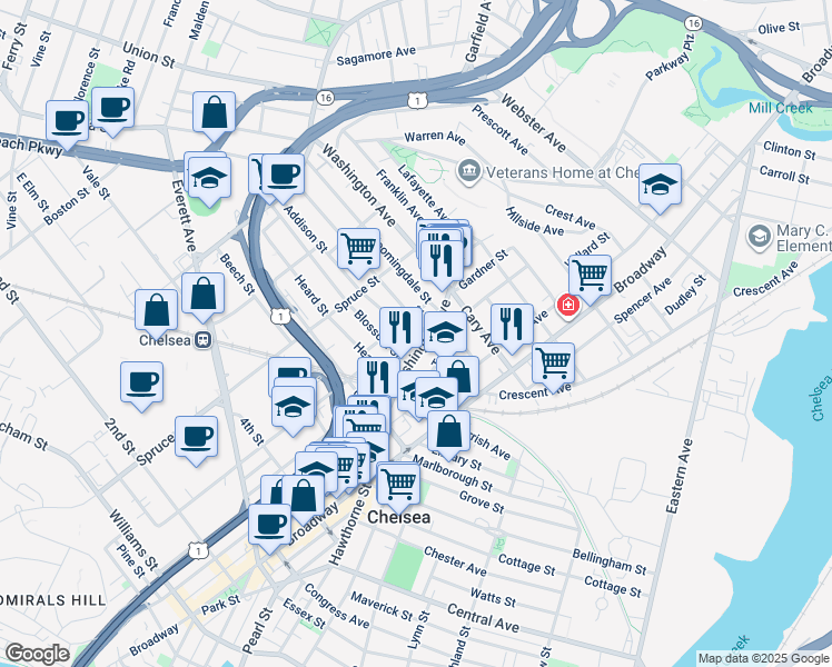 map of restaurants, bars, coffee shops, grocery stores, and more near 38 Eden Street in Chelsea