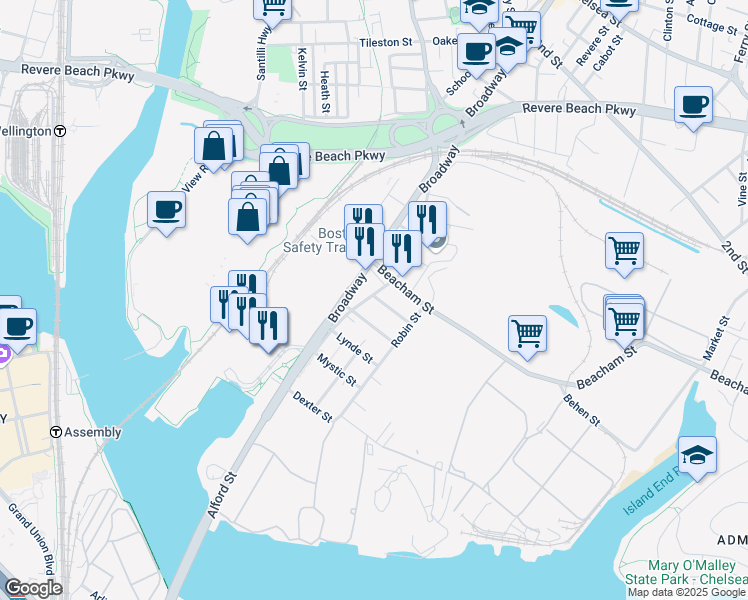 map of restaurants, bars, coffee shops, grocery stores, and more near 107 Broadway in Everett