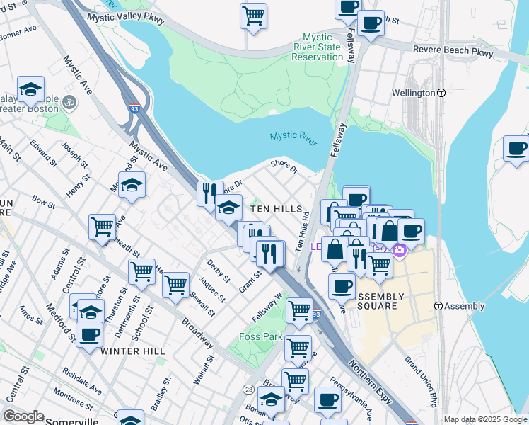 map of restaurants, bars, coffee shops, grocery stores, and more near 75 Puritan Road in Somerville